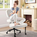 Waleaf Ergonomic Cross Legged Office Chair, ADHD Chair for Adults, Height Adjustable Meditation Chair with Wheels, Teddy Fabric Yoga Kneeling Chairs with Comfortable Back Support (White)