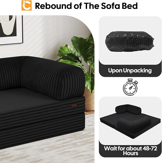 COMAX Futon Sofa Bed, 4-in-1 Floor Foldable Sofa Couch Bed Queen with L-Shaped Armrests, Convertible Folding Chair Bed Sleeper Mattress Fold Out Comfy Lounge for Living Room Bedroom, Faux Fur Black