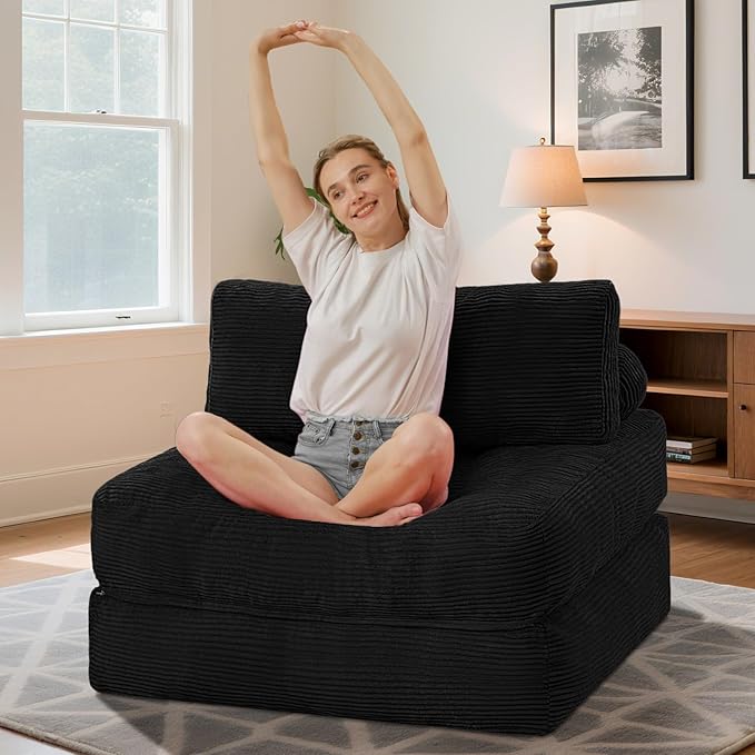 HABUTWAY Folding Sofa Bed, Convertible Sleeper Chair Bed w/Dual-Pillow & Handle, Foldable Floor Sofa Lounge w/Back Support for Living Room, Bedroom, Apartment, Office, Single, Black