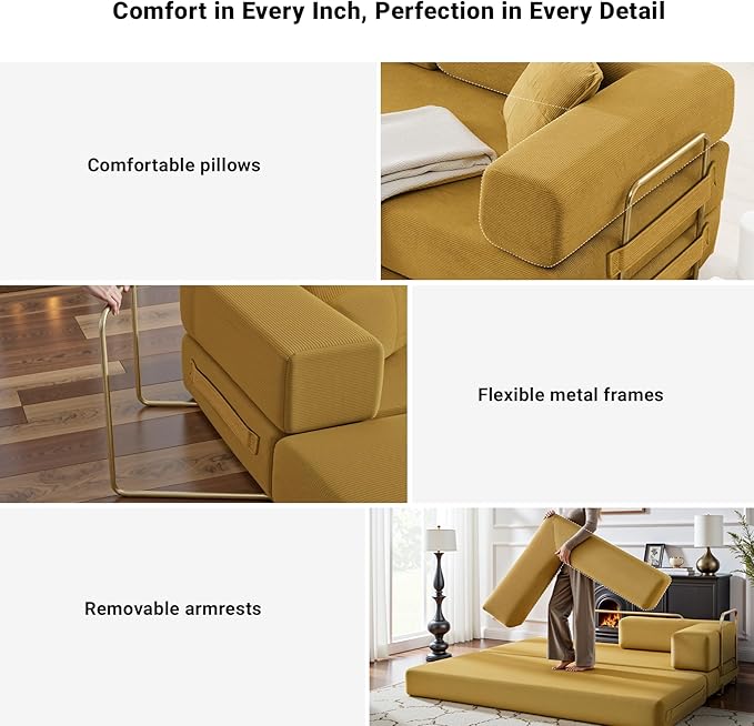 78" Convertible Sleeper Sofa Bed, Corduroy Folding Sofa Bed with Fixed-Shape Frame, Fold Out Floor Mattress Couch, Lazy Compression Sofas for Living Room, Bedroom, No Assembly Required, Yellow