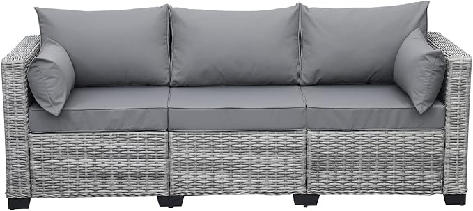 Rattaner Outdoor Furniture Outdoor Couch Grey Wicker Patio Furniture 3-seat Sofa Deep Seat Hight Backrest with Waterproof Cover and Anti-Slip Cushions, Grey