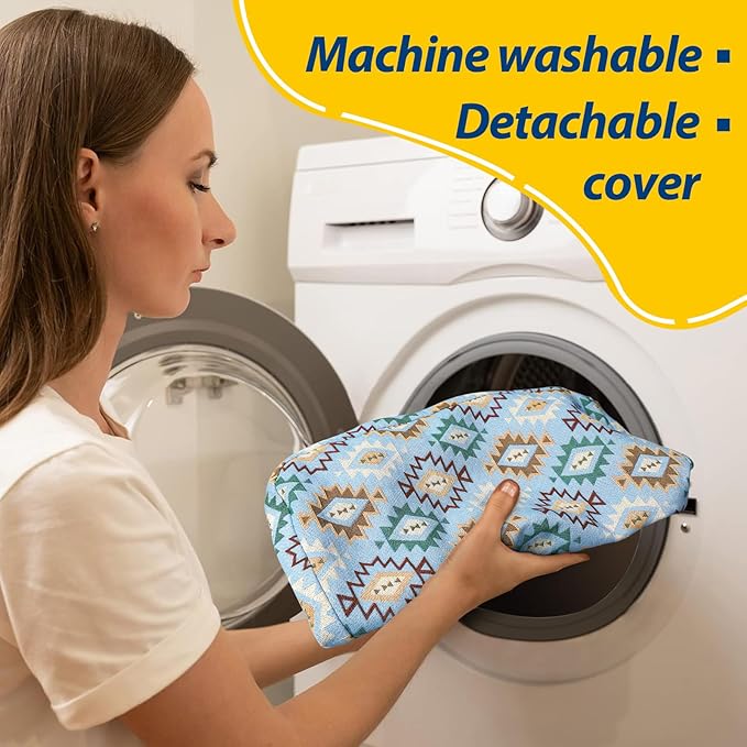 AAAAAcessories D-Shaped Chair Cushions, 2" Thick Dining Chair Pads with Ties and Removable, Machine-Washable Cover, 17" x 16", Set of 4, Geometric Blue