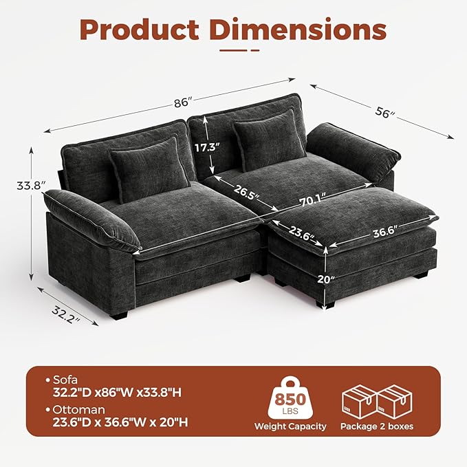 CDCASA 86" Modular Sectional Sofa, Comfy L-Shaped Cloud Couch with Movable Ottoman, 3-Seater Chenille Deep Seat Modern Sofa Couch for Living Room, DIY Combination, Black
