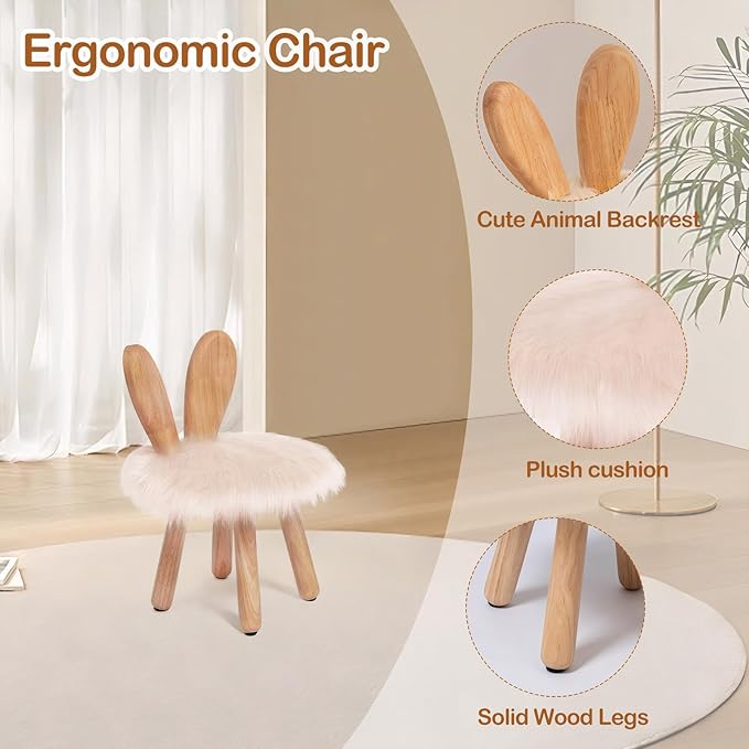 XXYOUPIN Bunny Chair for Kids 1-4 Years, Wooden Base with Removable Cushion,Anti-Tip Toddler Stool,Baby Nursery Decor Gift,Rabbit Design（1pack/Pearl White）