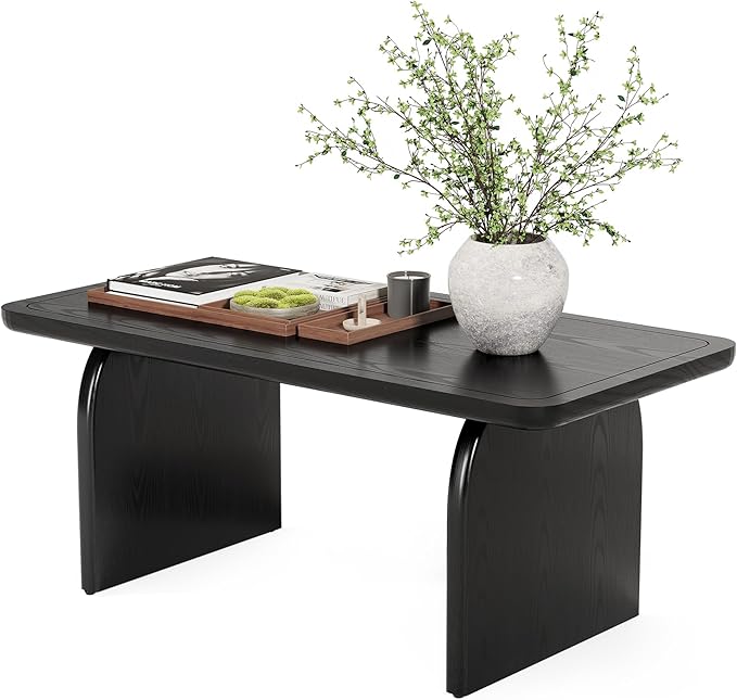 LITTLE TREE Farmhouse Coffee Table, 47 Inches Wooden Center Tables with Rounded Corners, Rectangular Living Room Tables, Modern Low Cocktail Tea Furniture for Living Room (Black)