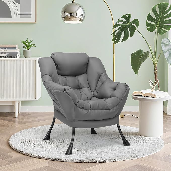 TLSUNNY Lazy Chair, Modern Comfy Lounge Accent Chair, Large Sofa Armchair with a Side Pocket, Leisure Reading Chair for Bedroom, Living Room, Dorm (Dark Grey)