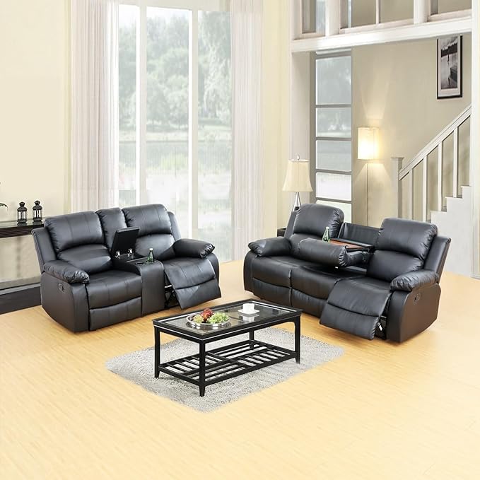 AYCP Bonded Leather Living Room Furniture Set Reclining Sofa Set Loveseat Furniture Sets in Living Room Sofa Recliners (Sofa+Loveseat, Black)