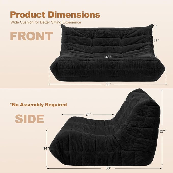 Bean Bag Loveseat Chair Big Sofa Beanbag Chair for Adults Fireside Chair Bean Bag Lounger with Memory Foam Filled for Home,Apartment or Gaming Venue（Black）