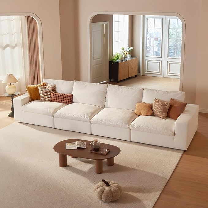 Vorthio Cloud Couch Sectional Oversized Modular Sofa with 35'' Deep Seat Boneless Couch Comfy Sofa Stain-Resistant White Sectional Couches for Living Room Apartment 4 Seater