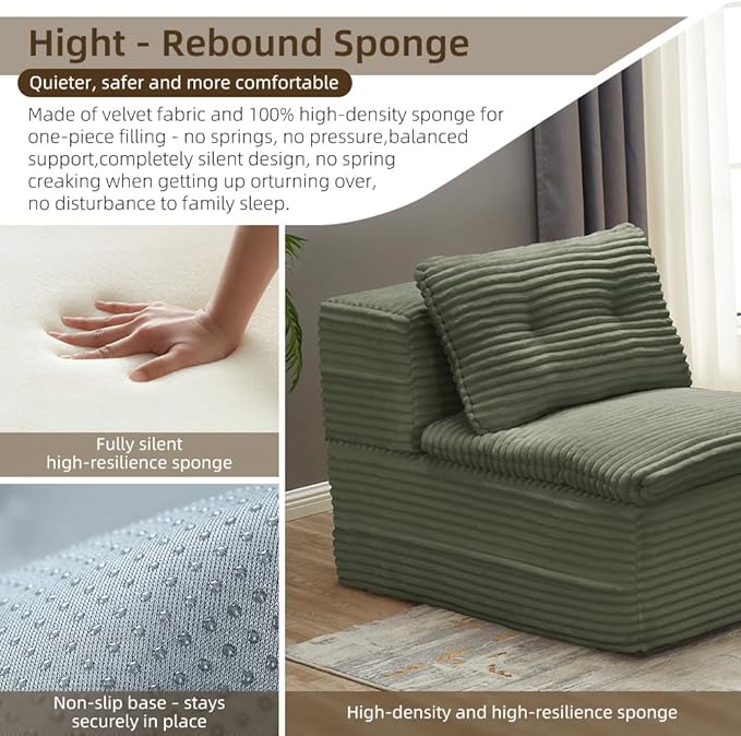80" Foldable Floor Couch, 3-Seat Convertible Sleeper Sofa with Chaise Lounge, Blanket and 3 Soft Pillows, Corduroy Fabric, for Living Room, Bedroom, Apartment, No Assembly Required, Green