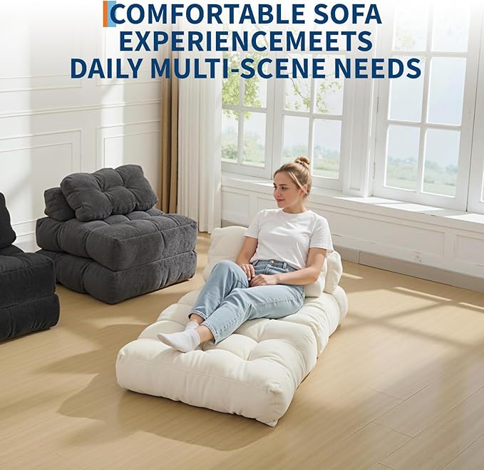 Garvee Folding Sofa Bed, Convertible Sleeper Chair with Pillow Foldable Mattress with Back Support, Boneless Fold Out Chair Bed Comfy Floor Sofa Lounge for Living Room, Bedroom, Beige, Single