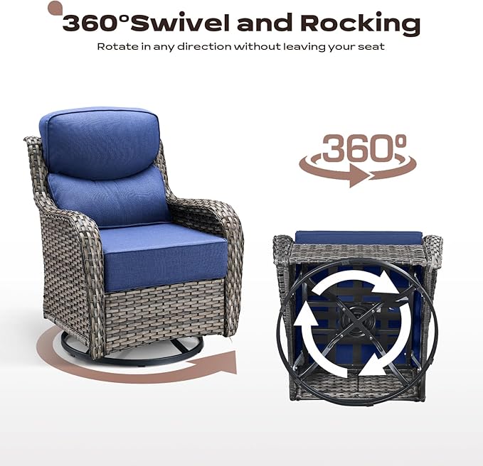 Rilyson Wicker Outdoor Patio Furniture Set - 5 Piece Patio Conversation Sets with Swivel Rocker Chairs, Ottomans and Side Table, 6 inch Cushions, Waterproof Wicker, for Porch Deck Mixed Grey/Blue