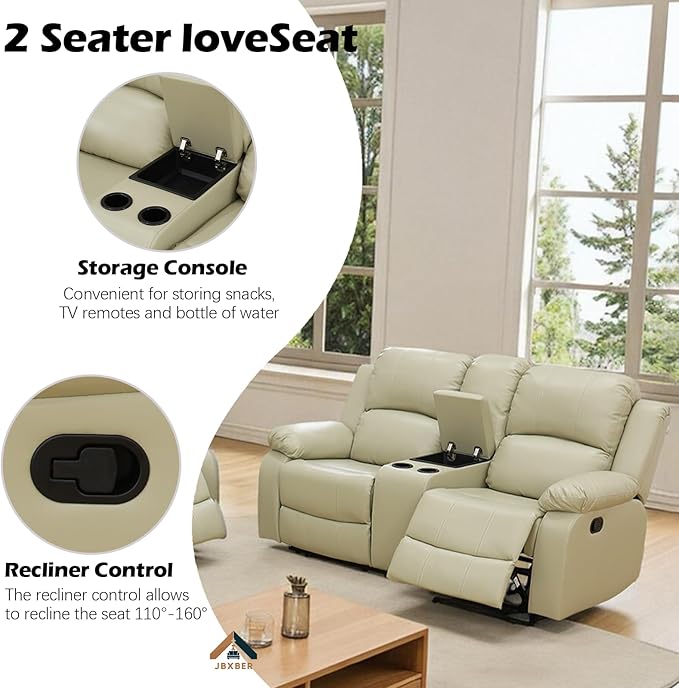JBXBER Manual Recliner Sofa Set for Living Room, Leather Reclining Sofa Sets, Faux Leather Couch Set with Cup Holders, Drop-Down Table and Storage Console(3 Piece Set,Beige)