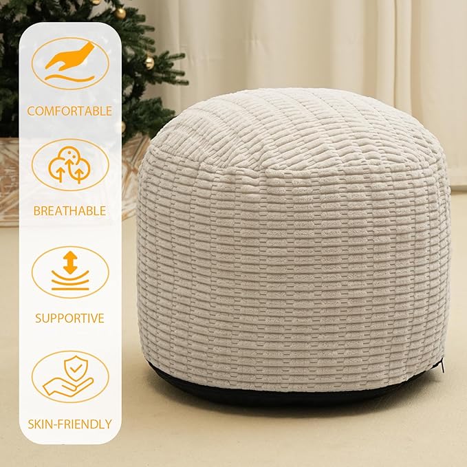 Round Stuffed Pouf Ottoman for Foot Rest, Storage Ottoman Pouf Foot Stool Cushion, Faux Fur Poufs with Foam Chunk Filling, 20 X 15 Inch Floor Chair for Living Room Bedroom Home Decor, Beige