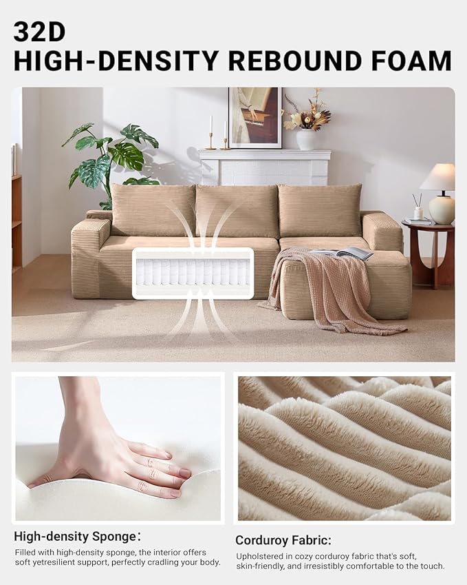 96 Inch Cloud Sectional Couch,Modern Modular Sectional Sofa with Deep Seat,Corduroy Boneless Couches with L-Shape Chaise for Living Room Bedroom,No Assembly Required (Camel, Right Facing Chaise)