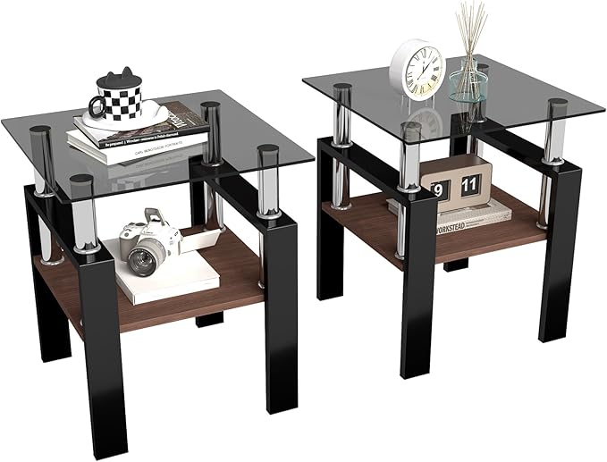 Set of 2 Modern Square Tea Tables, Tempered Glass Coffee and End Tables with MDF Layer for Living Room, Gray/Black