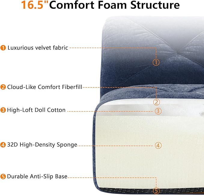 Modular Sectional Sofa with Free Combination,Boneless Floor Couch for Living Room & Lounge,Velvet 3-Seater Sectional Couch with Ottoman,No Assembly Needed
