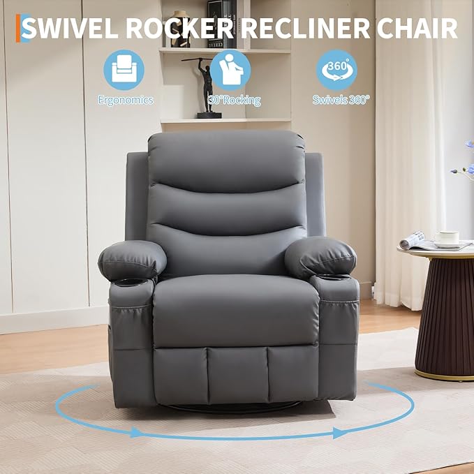 Leather Recliner Chair Nursery, Oversized Manual Reclining Rocking Chair, 360 Swivel Glider with Cup Holder, Massage and Heat Recliner, Indoor Small Single Sofa Chairs for Adults, RV, Bedroom, Gray