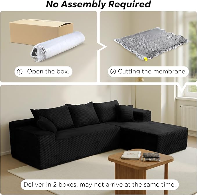 Sectional Cloud Boneless Couch for Living Room Bedroom, Comfy Modern L Shaped Modular Sofa with Right Chaise, Deep Seat Upholstered Memory Foam Couch in Box, No Assembly (Fine Striped Corduroy, Black)