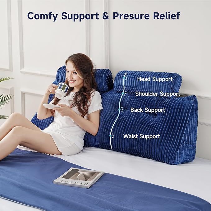 Z-hom Large Wedge Pillow Headboard, Twin Triangular Headboard Pillow, Reading Pillow Standard Bed with a Roll Pillow for Bed Sitting Up Sleeping, Backrest Cushion Headboard Gap Pillow for Back, Blue