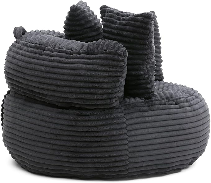 Bean Bag Chair, Corduroy Oversized Chair for Adults, Comfy Big Accent Sofa Lounge Floor Chair, Stuffed Bean Bag Couch for Gaming, Reading, Living Room, Bedroom, Black