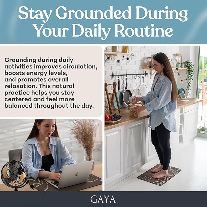 GAYA Grounding Mat for Feet, Sleep Improvement, Back Pain Relief, Muscle Relaxation & Stress, 2X 15ft Cord, 100K Ohm Resistor | Conductive Carbon | Earthing Pads for Bed Couch, Desk (24''X16'')