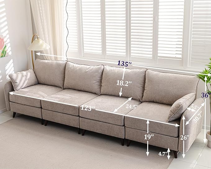 Rexulqo 135'' Modular Sectional Sofa with All Seats Storage,Oversized 4-Seater Comfy Cloud Couches with Deep Seat,Big Couch for Living Room,Bedroom,Velet,Khaki