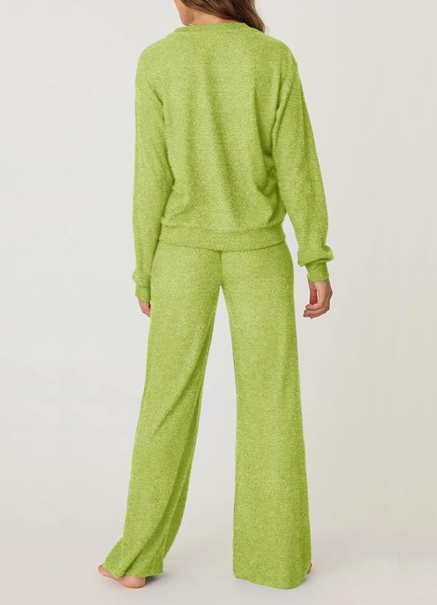 Aamikast Women's 2-Piece Lounge Set Soft Brushed Jersey Sleepwear Pajamas Set Long Sleeve Top & Wide Leg Pants