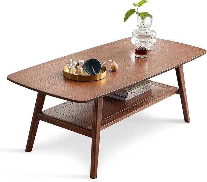 QKFF Modern Solid Wood Coffee Table, 2-Tier Small Wooden Coffee Table with Storage Shelf for Living Room, Apartment, Office, Walnut (32''D x 20''W x 18''H)