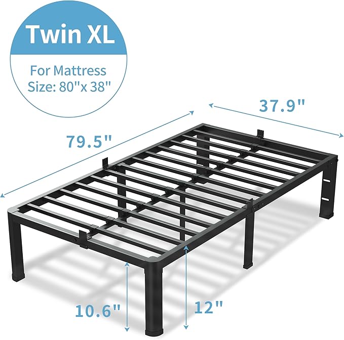VIPSHOW 12 Inch Twin XL Bed Frame, 3500Lbs Heavy Duty Metal Platform with Round Corner Legs Mattress Slide Stopper, Steel Slat Support No Box Spring Needed, Noise Free, Non-Slip, Easy Assembly