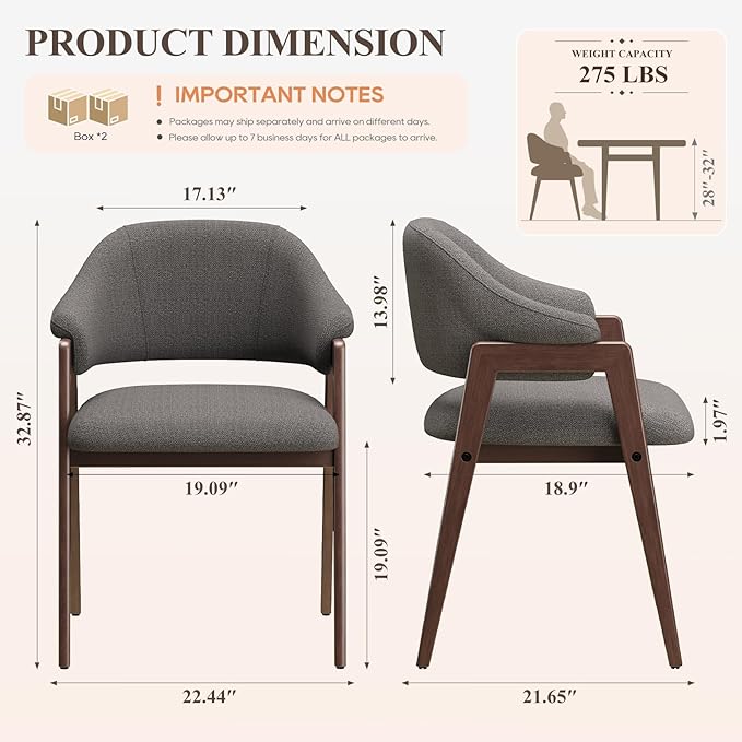 MALOL Wooden Dining Chairs Set of 4, Modern Fabric Upholstered Dining Room Chair, Kitchen Side Chairs, Farmhouse Dinner Chair with Curved Open Back for Kitchen, Grey