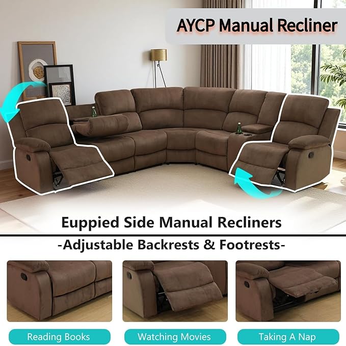 Manual Reclining Sofa Set with Drop-Down Table, Corduroy Sofa Sets, Living Room Furniture Sets, Modern Manual Recliner Sofa Sets with Storage Console for Living Room (Brown, Sectional)