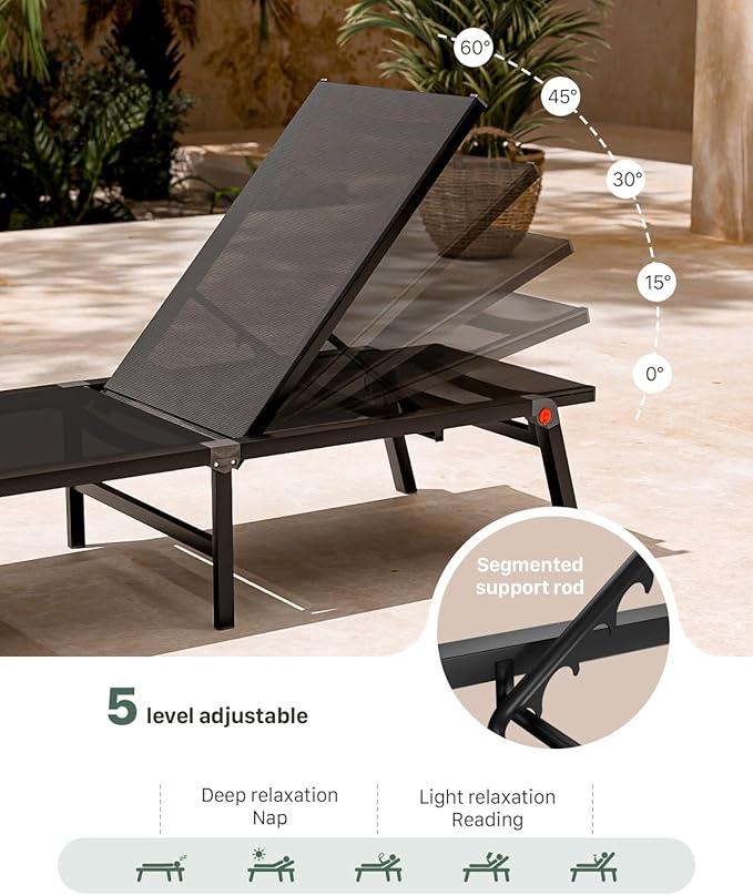 Aluminum Chaise Foldable Patio Lounge Chair Outdoor, Metal Deck Lounger Adjustable 5-Position Recliner Pool Chase Breathable Full Flat Outside Sun Tanning Chairs for Beach/Poolside/Lawn(Black, 2 Pack)
