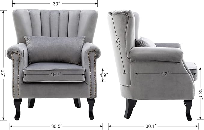 chairus Mid-Century Modern Accent Chair Comfy Single Sofa Chair Channel Back Armchair with Small Pillow for Living Roon Bedroom Club - Velvet, Grey