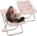 Athena Collection Saucer Chair for Adult, Square Comfy Cozy Chair Folding Chair Faux Fur Metal Frame Foldable Reading Chair Accent Chair for Bed Room Living Room Set of 2, Pink
