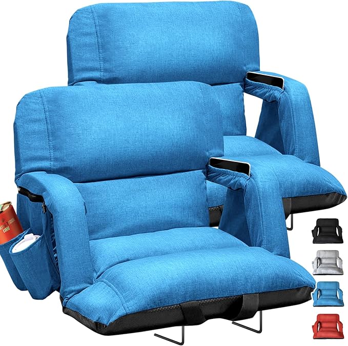 Wide Stadium Seats With Back Support 2 Pack, Exclusive "Sofa Style" Design Extra Thick Bleacher Chairs With Back and Cushion, 6 Reclining Positions - Ultimate Comfort for Sports Events (Blue, 22.5")