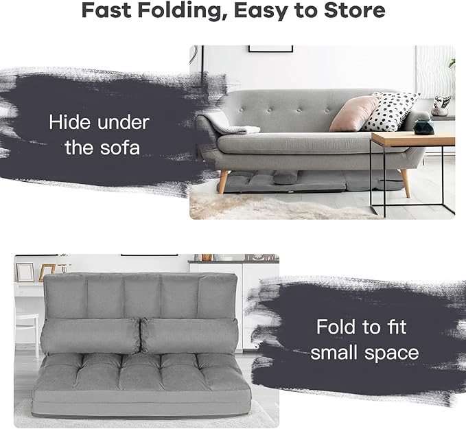 KOMFOTT Adjustable Floor Sofa Bed, Foldable Lazy Sofa Sleeper with 6 Position Backrest & 2 Pillows, Convertible Futon Couch with Suede Cloth Cover, Lounge Recliner for Living Room