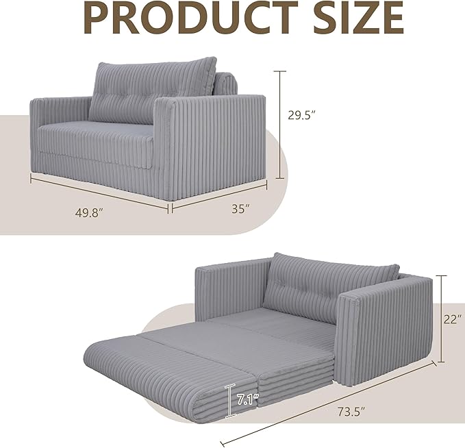 HABUTWAY Folding Sofa Bed, 2 in 1 Convertible Sleeper Chair with Pillow, Portable Fold Out Chair Bed with Armrest, Comfy Floor Couch, Lazy Sofa for Living Room Bedroom Dorm Home Office, Light Grey