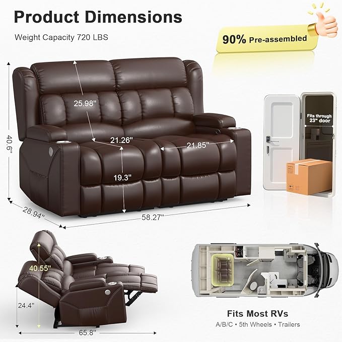 FURNIMAT RV Loveseat Recliner Sofa, 2 Seater Reclining Loveseat Sofa, PU Leather Dual Recliner Couch, Modern Loveseat Couch for Living Room, with Cup Holder and USB Ports, Brown