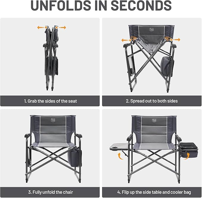 Timber Ridge XXL Oversized Directors Chair 600lbs - Heavy Duty Camping Chair with Cooler Bag & Table, Portable Folding Chair with Wide Seat for Tailgating, Patio, Outdoor - Grey (2 Pack)