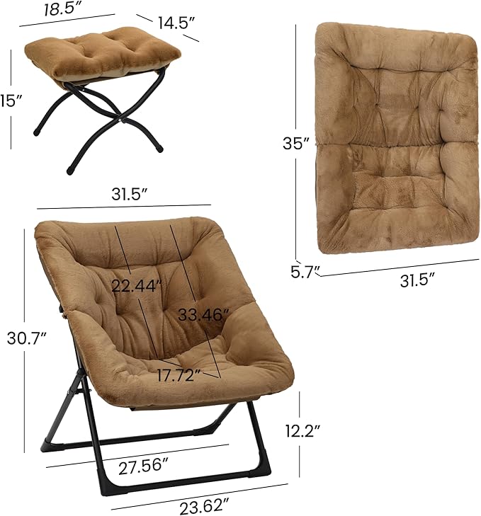 Comfy Saucer Chair for Adults, Soft Faux Fur Bedroom Chair with Ottoman, Accent Dorm Chairs, Living Room Reading Chairs and Footstool, Folding Lounge Seat for Teens, X-Large, Brown