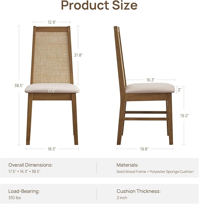 SICOTAS Wood Dining Chairs Set of 6 - Rattan Dining Room Chairs with Solid Wood Leg, Farmhouse Upholstered Kitchen Chairs High Back, Modern Armless Dining Chair for Dining Room, Kitchen, Oak, 6PCS