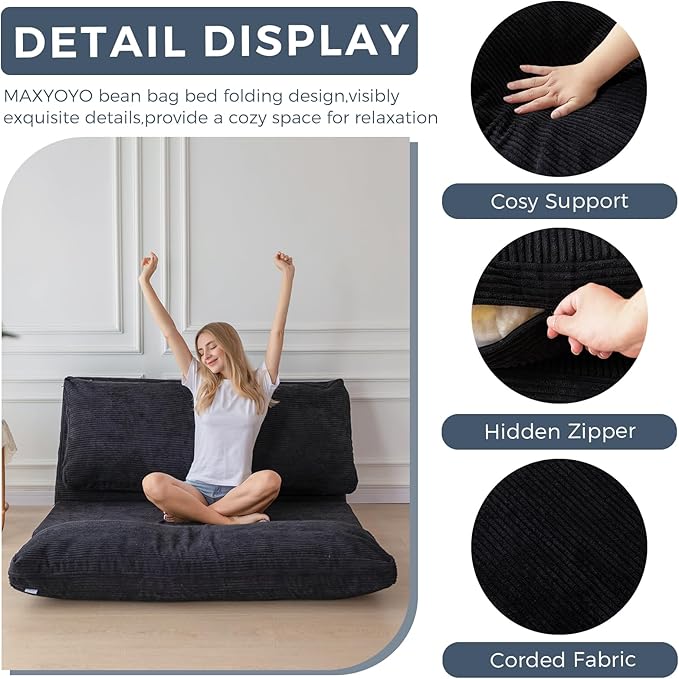 MAXYOYO Folding Sofa Bed, Extra Thick and Long Floor Sofa Convertible Sleeper Chair with Washable Cover, Floor Couch Lounge Bean Bag Bed for Living Room, Black, 39x95 Inch
