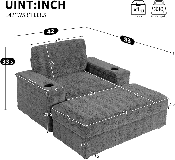 Merax Oversized Sleeper Chair with Storage Armrest & Ottoman, Cup Holders, Cloud Upholstered Chaise Lounge Recliner, Deep Seat Reading Couch Sofa Bed for Living Room Bedroom, Dark Grey