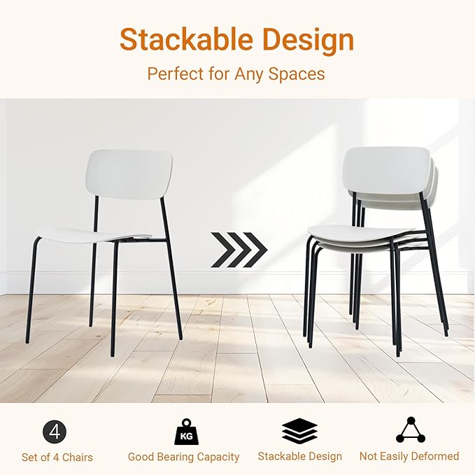 Sidanli Conference Room Chairs Stackable Set of 4, Reception Chairs with Plastic Seat, Stacking Chairs for Waiting Break Room Classroom Clearance, White