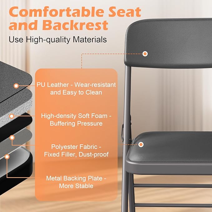 Commercial Grade Folding Chair with Padded Fabric Cushion（16"X16" |Double-hinged Legs Luxury Style|4.5kg Capacity Max Weight 150Kg for Home and Office,Indoor and Outdoor Events (2, PU-Gray)