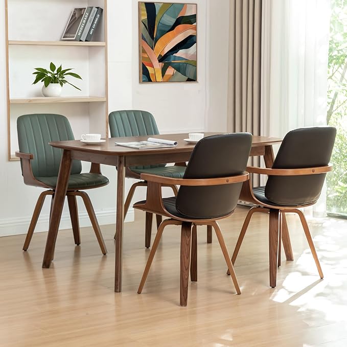 WUPOTO Swivel Dining Chairs, Set of 2 Kitchen Swivel Chairs with Walnut Craftsmanship, Upholstered Faux Leather, Wooden Arms and Legs, Walnut Dining Chairs for Kitchen/Living Room - Black