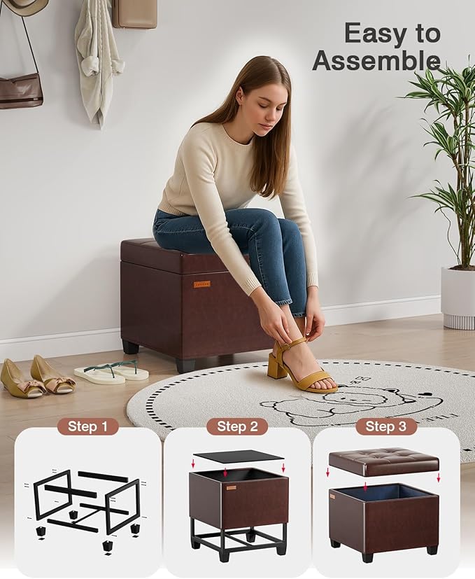 ABHENG 17.7 inches Synthetic Leather turfed Ottomans Cube with Storage, Metal-Framed Square Storage Ottoman Foot Rest Stool Holds 770 LB for Dorm Living Room Bedroom Brown UASND63R