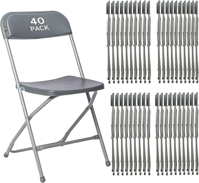 40 Pack Gary Plastic Folding Chair, Indoor Outdoor Portable Stackable Commercial Seat with Steel Frame 350lb. Capacity for Events Office Wedding Party Picnic Kitchen Dining