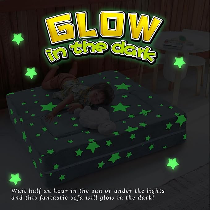 MeMoreCool Modular Kids Play Couch Sofa – Glow-in-The-Dark Star Design, Fold-Out Toddler Couch for Playroom Furniture, Grey